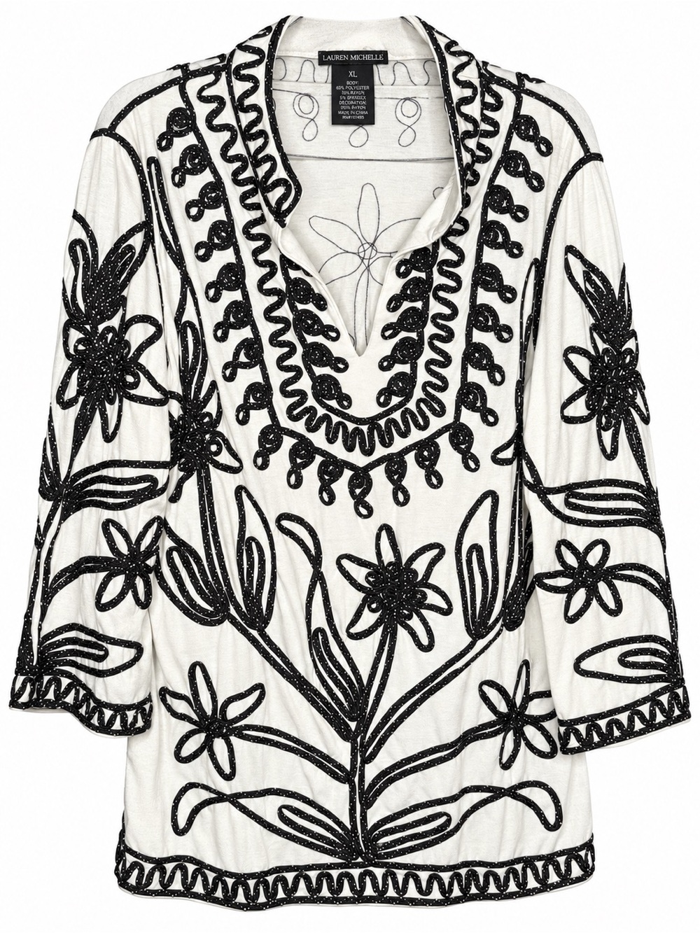 Lauren Michelle White Tunic with Black Embroidered Floral Design